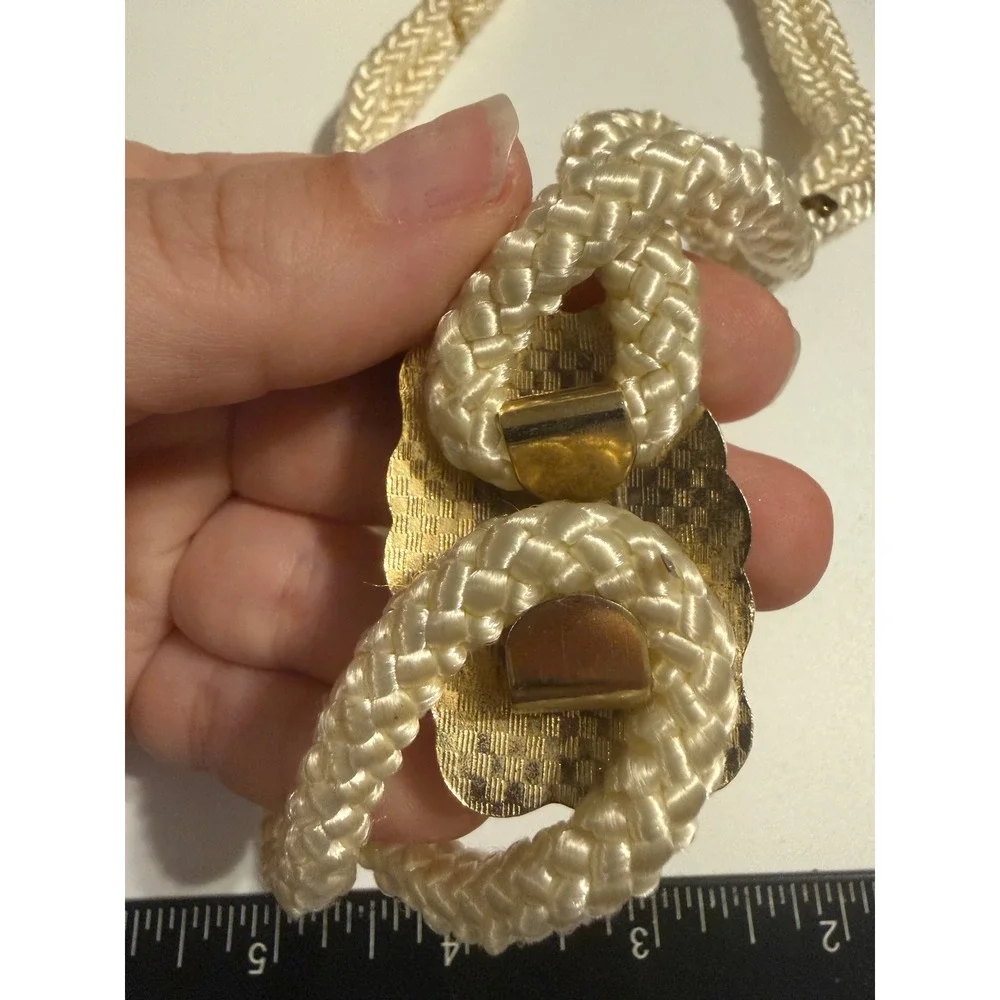 Vintage Cloisonne Enamel Floral Butterfly Braided Cord Belt Cream Gold Tone 40in